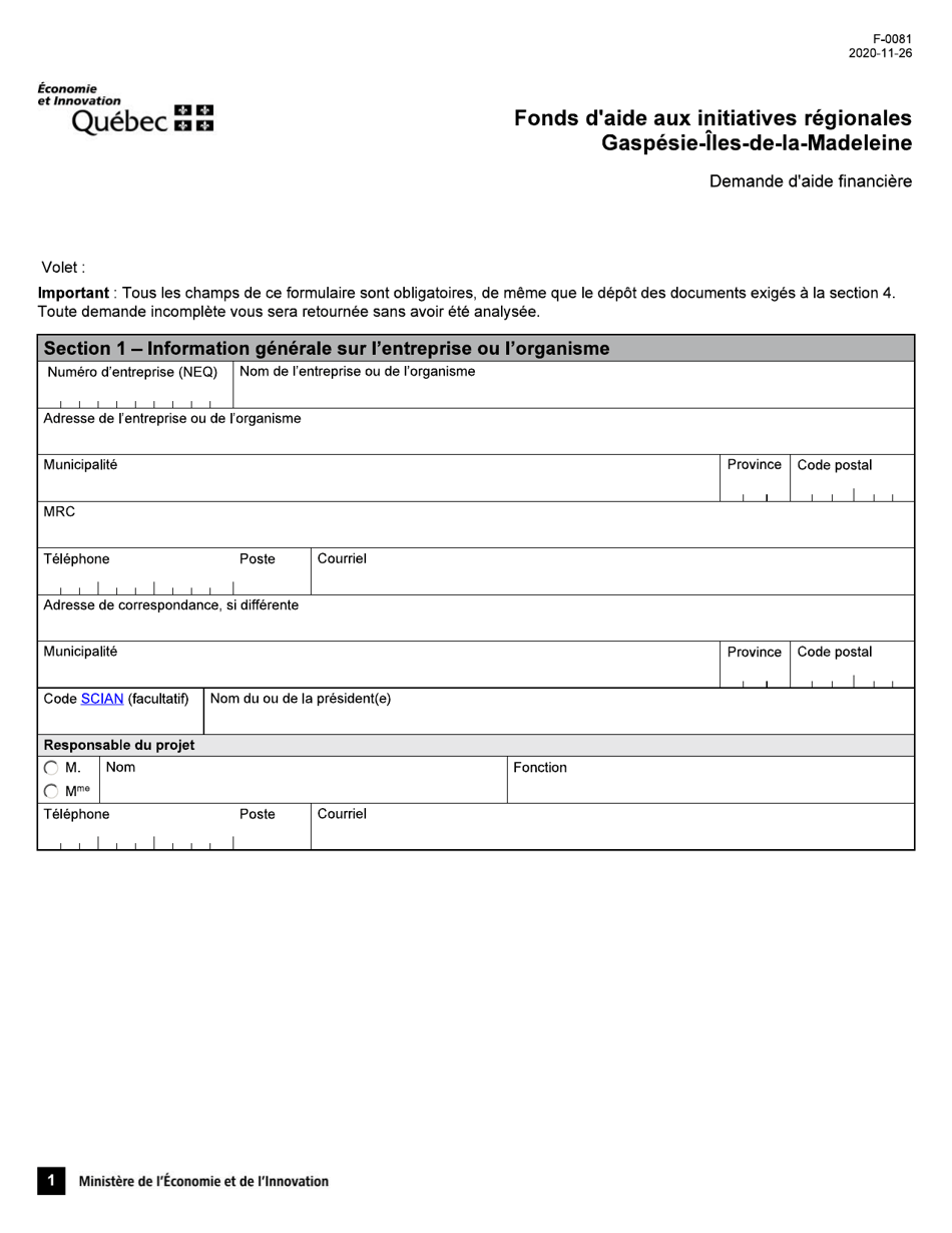 Forme F-0081 Fonds Daide Aux Initiatives Regionales Gaspesie-Iles-De-la-Madeleine - Demande Daide Financiere - Quebec, Canada (French), Page 1