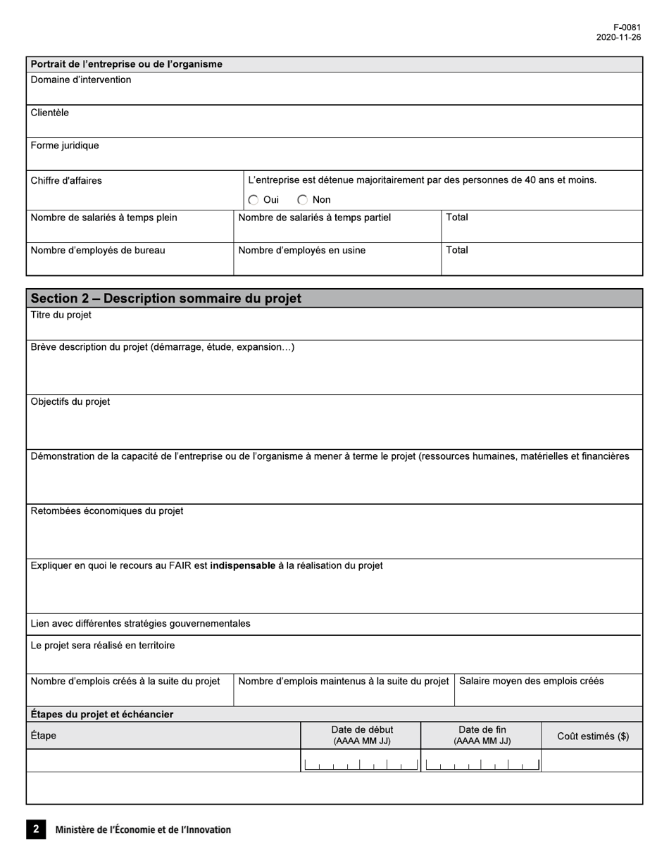 Forme F-0081 Fonds Daide Aux Initiatives Regionales Gaspesie-Iles-De-la-Madeleine - Demande Daide Financiere - Quebec, Canada (French), Page 2