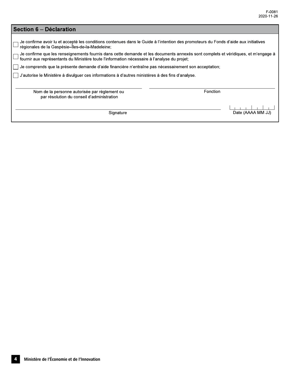 Forme F-0081 Fonds Daide Aux Initiatives Regionales Gaspesie-Iles-De-la-Madeleine - Demande Daide Financiere - Quebec, Canada (French), Page 4
