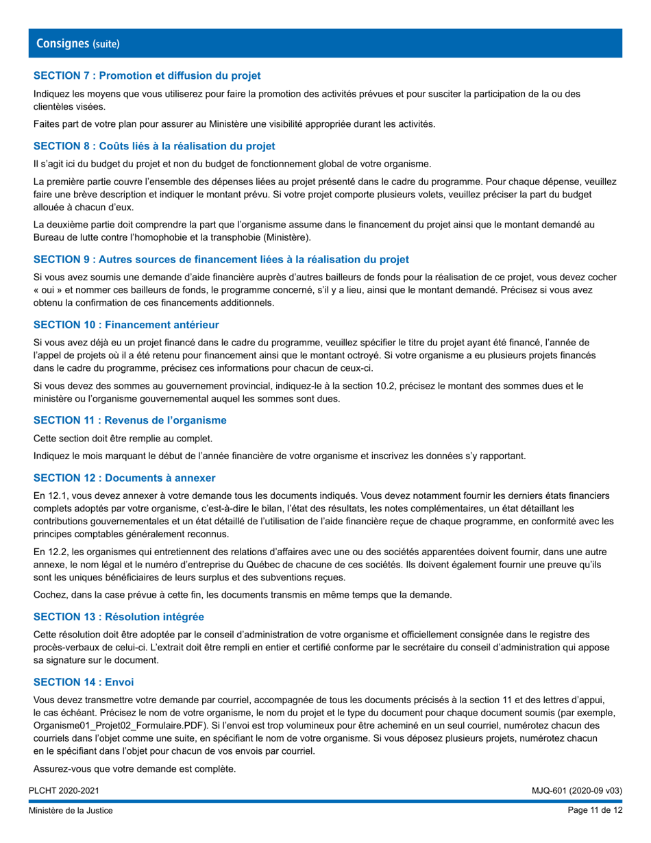 Forme MJQ-601 Demande Daide Financiere En Vertu Du Programme - Lutte Contre Lhomophobie Et La Transphobie - Quebec, Canada (French), Page 11