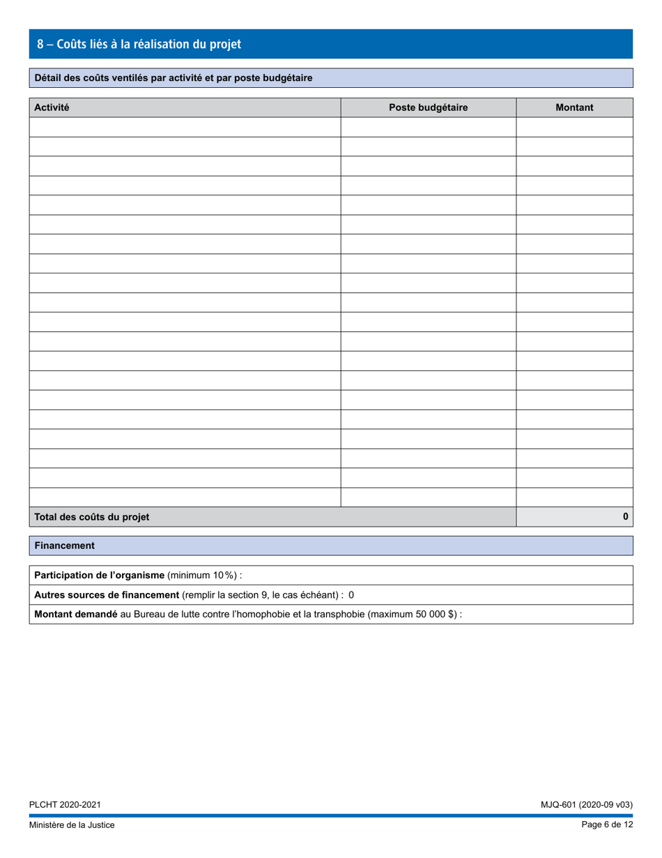 Forme MJQ-601 Demande Daide Financiere En Vertu Du Programme - Lutte Contre Lhomophobie Et La Transphobie - Quebec, Canada (French), Page 6