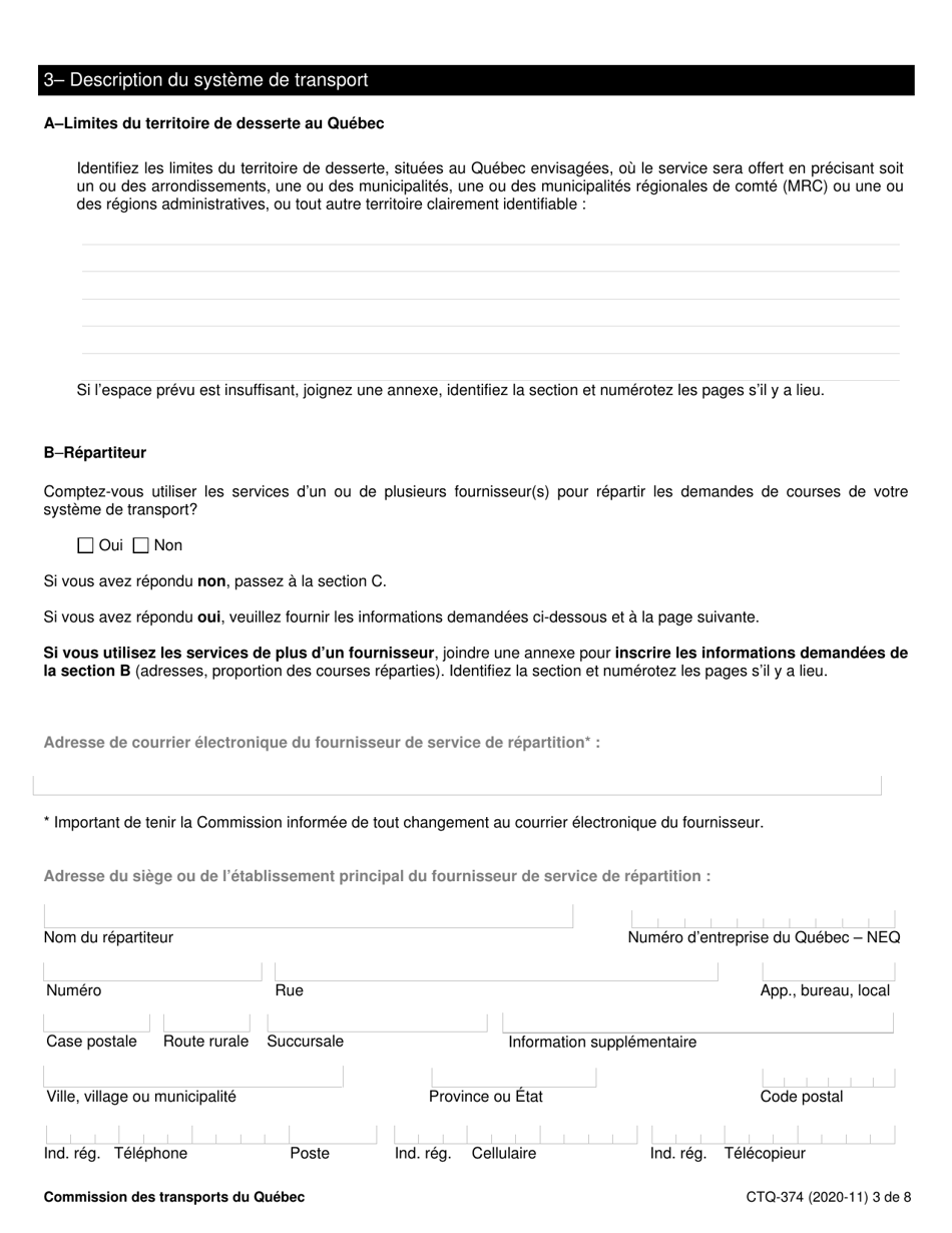 Forme CTQ-374 Autorisation Dexploiter Un Systeme De Transport - Quebec, Canada (French), Page 3
