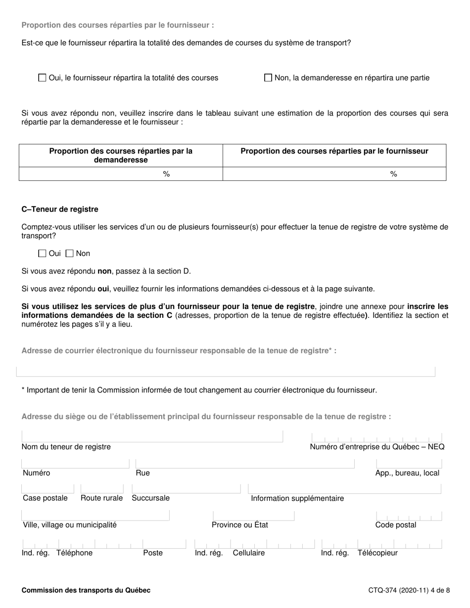 Forme CTQ-374 Autorisation Dexploiter Un Systeme De Transport - Quebec, Canada (French), Page 4
