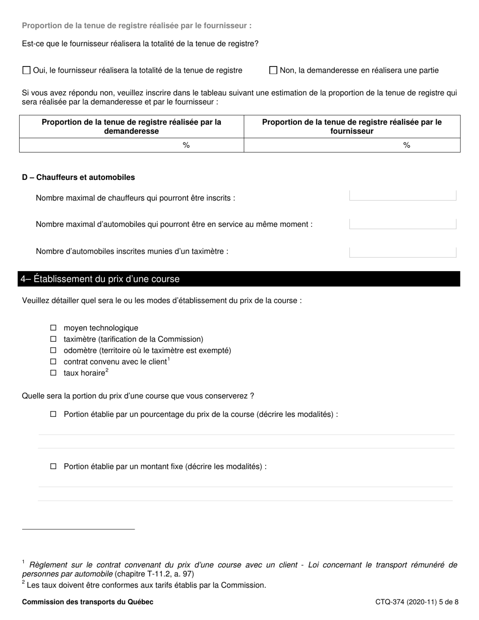 Forme CTQ-374 Autorisation Dexploiter Un Systeme De Transport - Quebec, Canada (French), Page 5