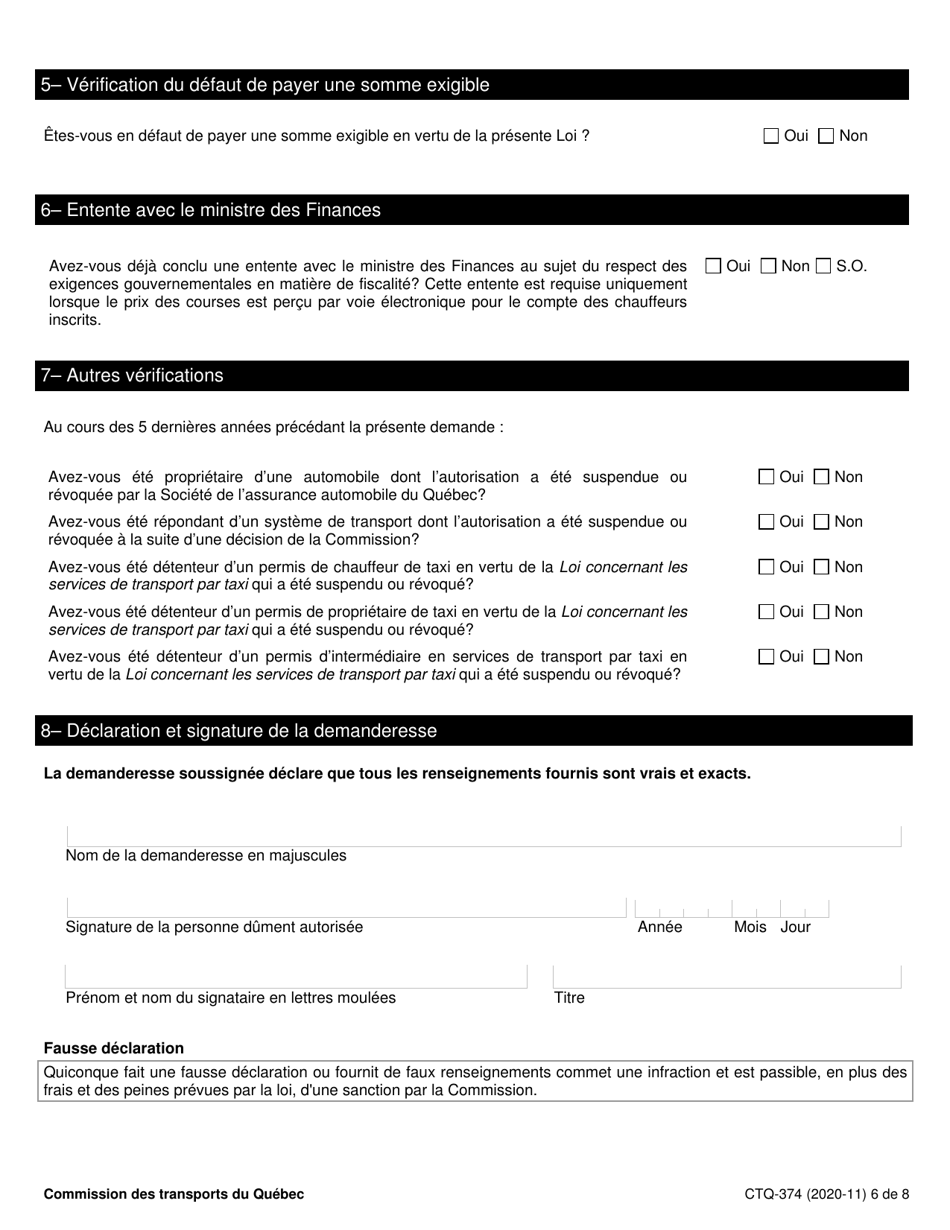 Forme CTQ-374 Autorisation Dexploiter Un Systeme De Transport - Quebec, Canada (French), Page 6