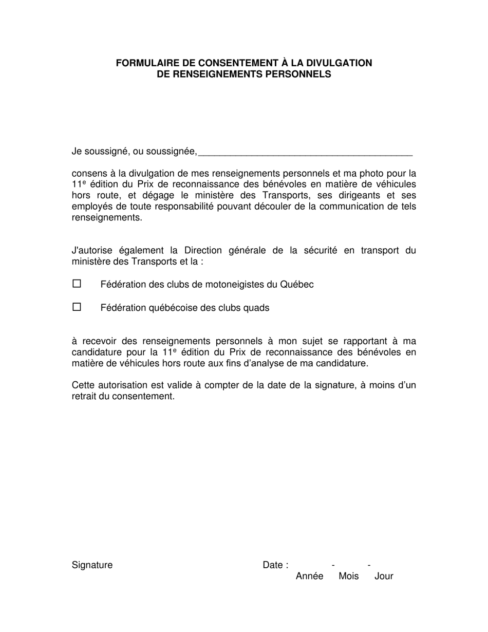 Formulaire De Consentement a La Divulgation De Renseignements Personnels - Quebec, Canada (French), Page 1