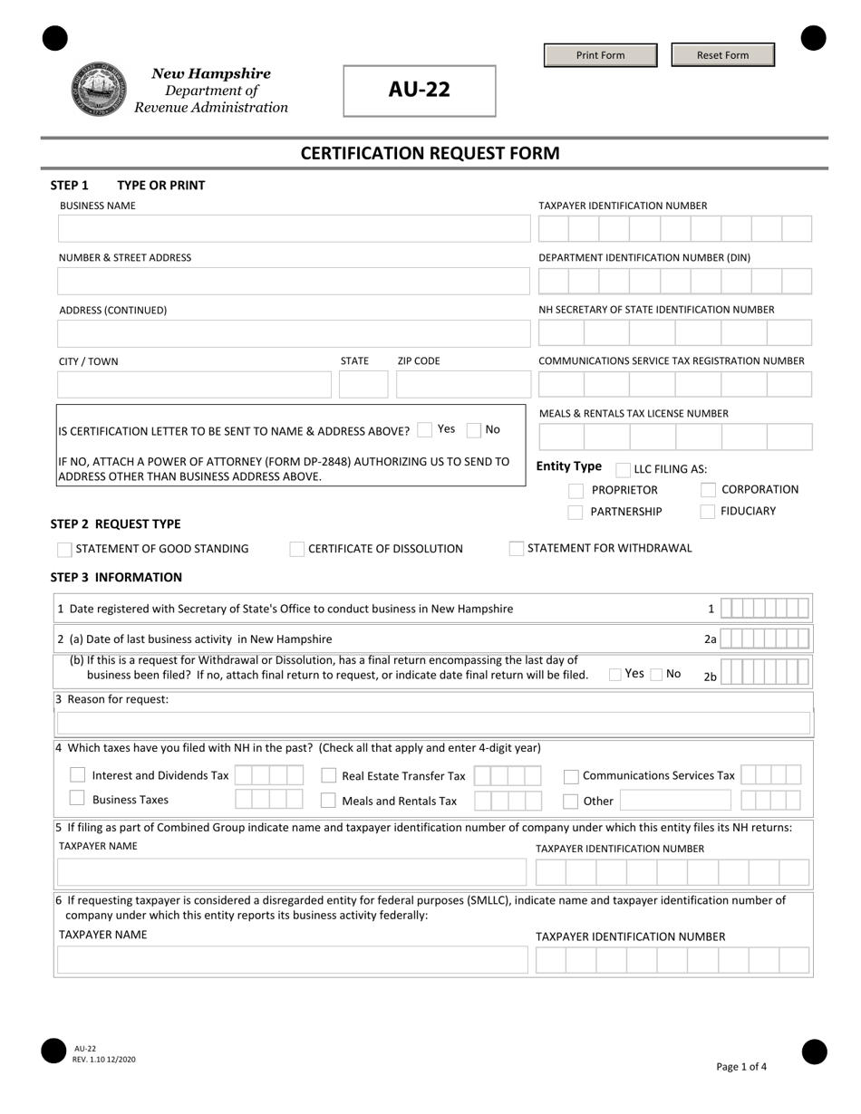 Form AU-22 Certification Request Form - New Hampshire, Page 1