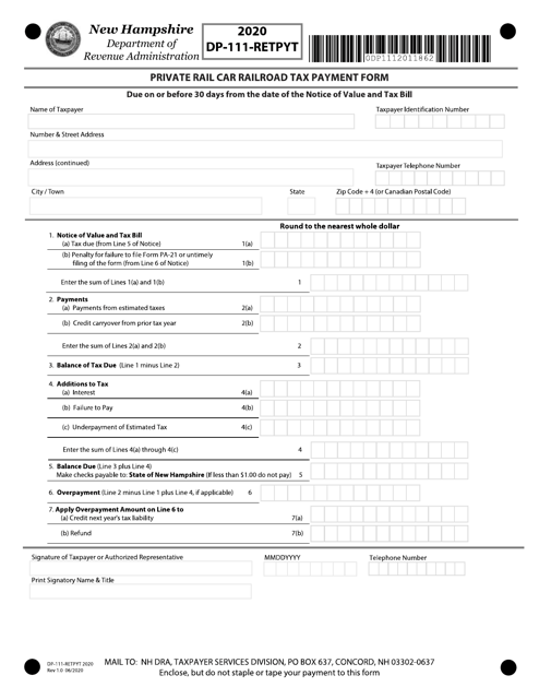 Form DP-111-RETPYT Private Rail Car Railroad Tax Payment Form - New Hampshire, 2020