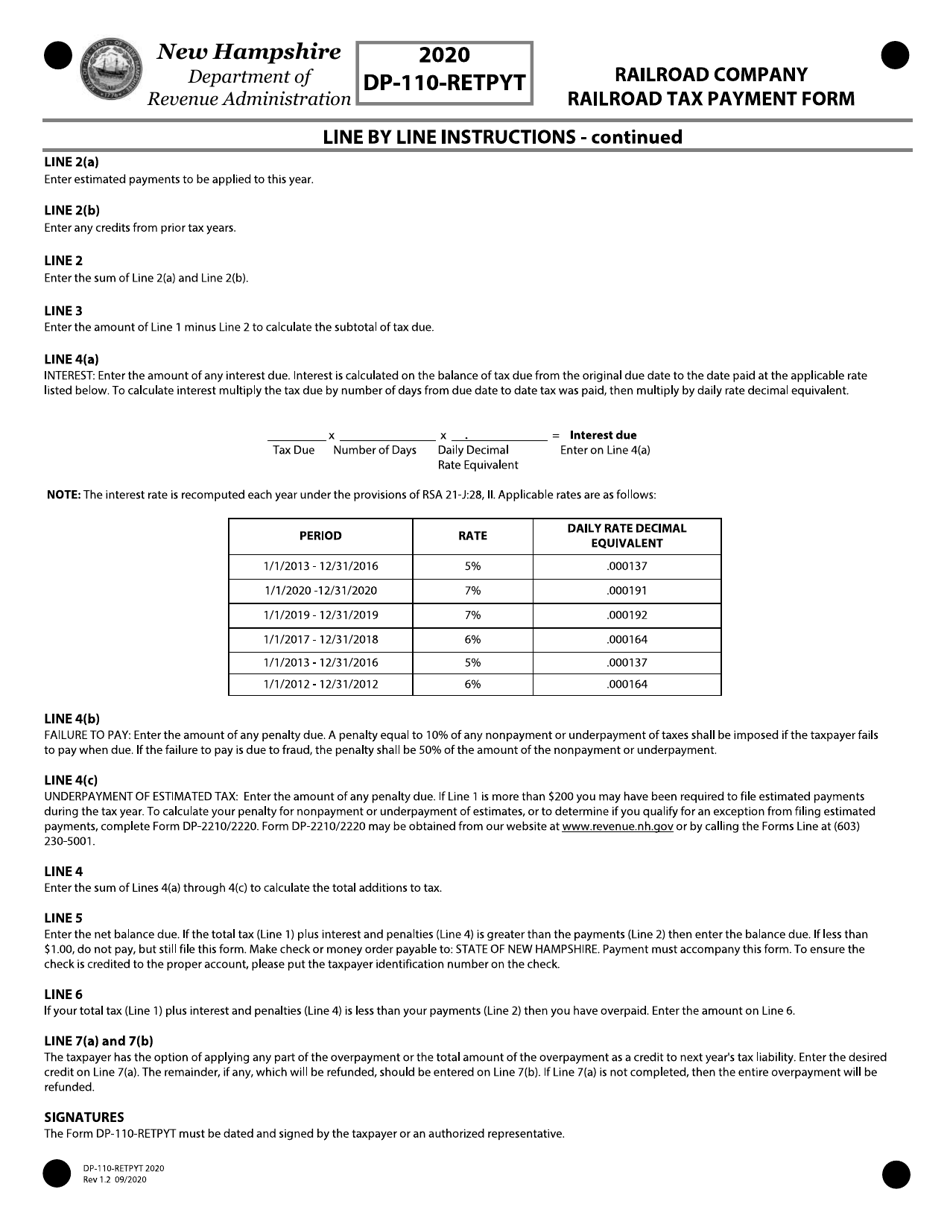 Form DP-110-RETPYT Railroad Company Railroad Tax Payment Form - New Hampshire, Page 3