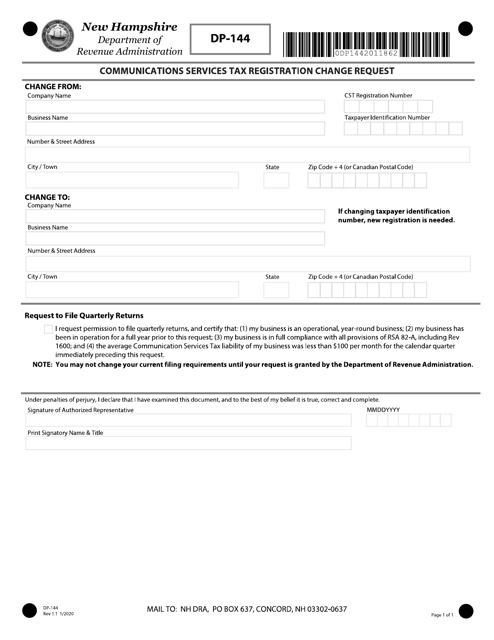 Form DP-144 Communications Services Tax Registration Change Request - New Hampshire