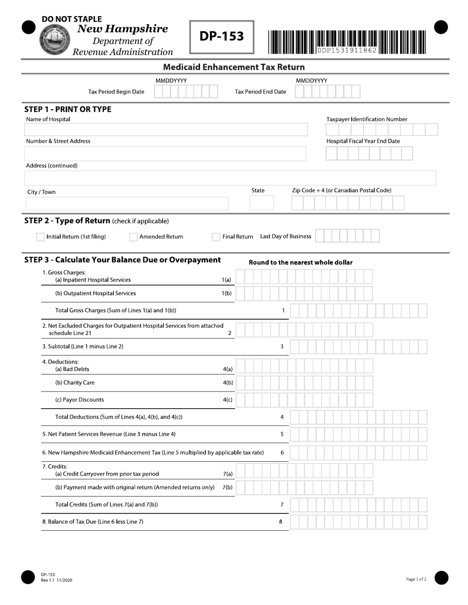 Form DP-153 Medicaid Enhancement Tax Return - New Hampshire, Page 1