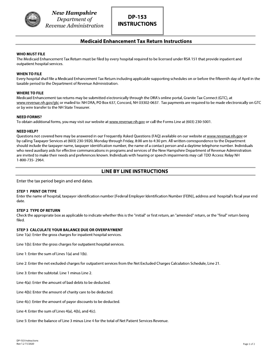 Instructions for Form DP-153 Medicaid Enhancement Tax Return - New Hampshire, Page 1