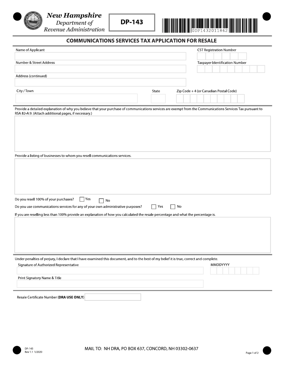 Form DP-143 Communications Services Tax Application for Resale - New Hampshire, Page 1
