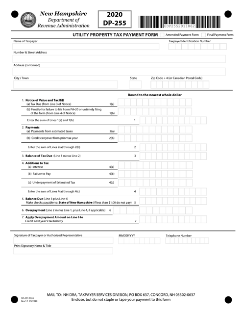 Form DP-255 Utility Property Tax Payment Form - New Hampshire, 2020