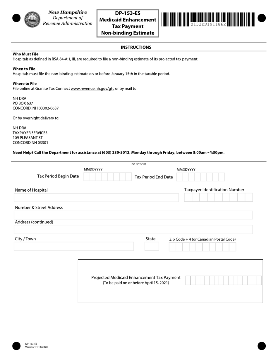 Form DP-153-ES Medicaid Enhancement Tax Payment Non-binding Estimate - New Hampshire, Page 1