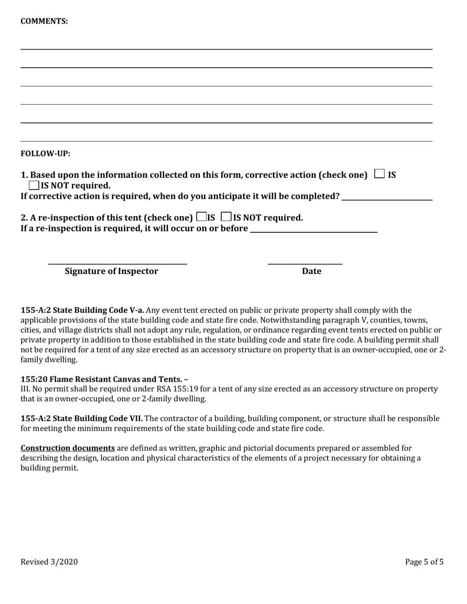 Tent Inspection Checklist - New Hampshire, Page 5