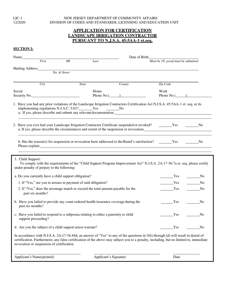 Form LIC-1 Application for Certification Landscape Irrigation Contractor Pursuant to N.j.s.a. 45:5aa-1 Et. Seq. - New Jersey, Page 1