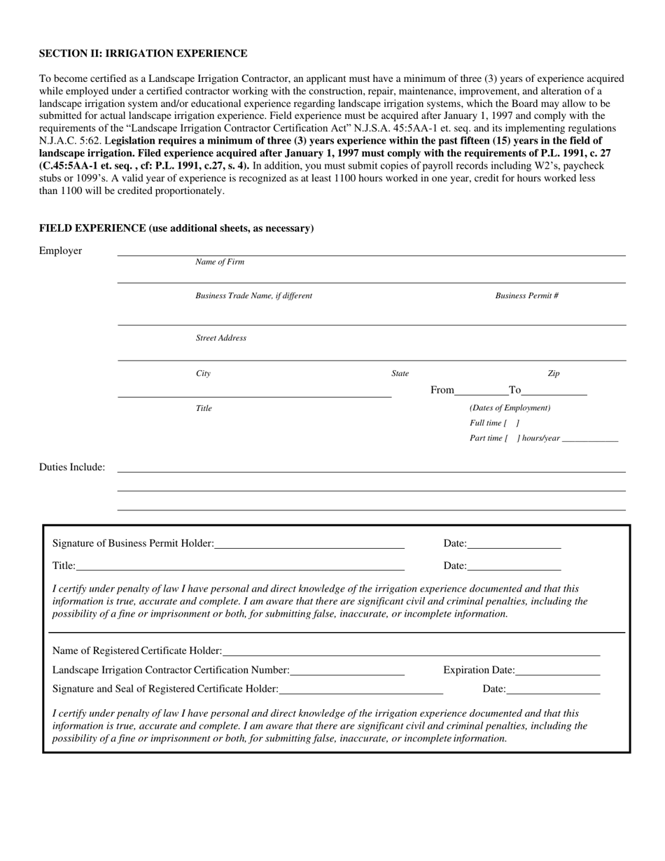 Form LIC-1 Application for Certification Landscape Irrigation Contractor Pursuant to N.j.s.a. 45:5aa-1 Et. Seq. - New Jersey, Page 2