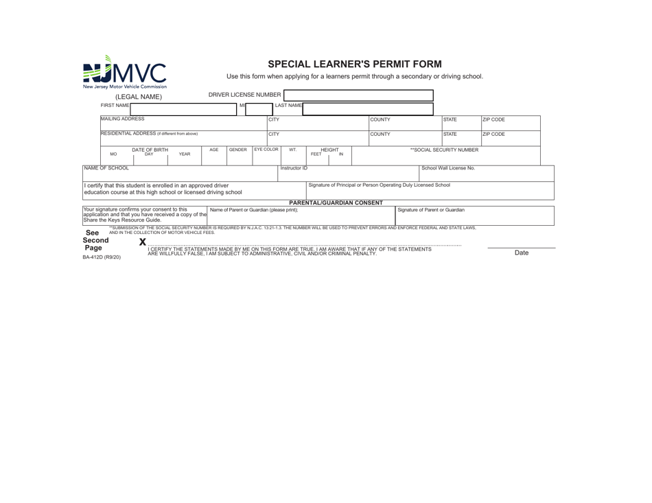 Form BA-412D Special Learners Permit Form - New Jersey, Page 1