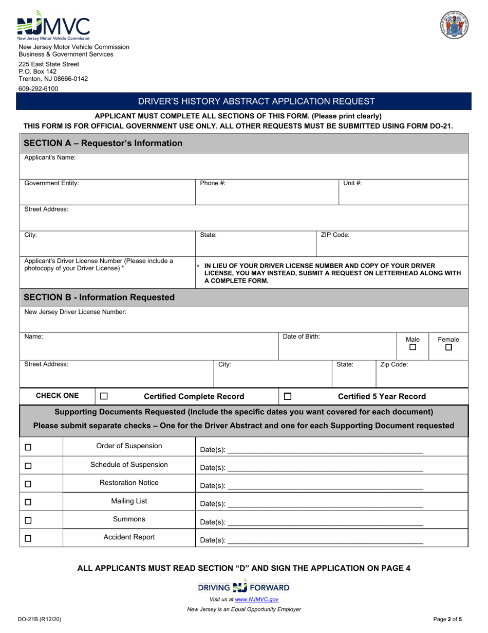 Form DO-21B Drivers History Abstract Application Request - New Jersey, Page 1
