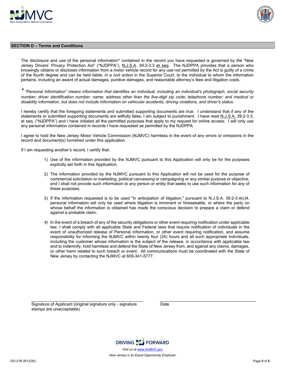 Form DO-21B Drivers History Abstract Application Request - New Jersey, Page 4