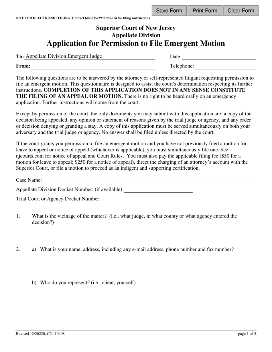 Form 10498 Application for Permission to File Emergent Motion - New Jersey, Page 1