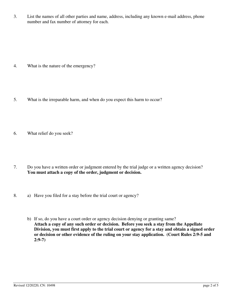 Form 10498 Application for Permission to File Emergent Motion - New Jersey, Page 2