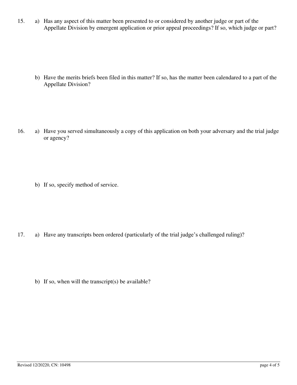 Form 10498 Application for Permission to File Emergent Motion - New Jersey, Page 4