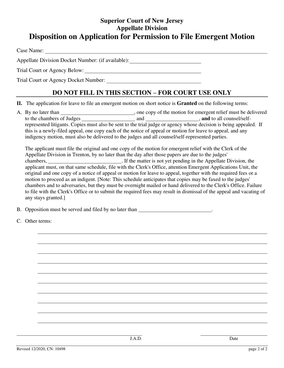 Form 10498 Application for Permission to File Emergent Motion - New Jersey, Page 7