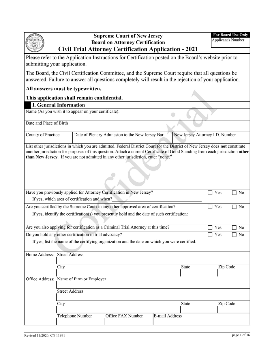 Form 11991 Civil Trial Attorney Certification Application - New Jersey, Page 1