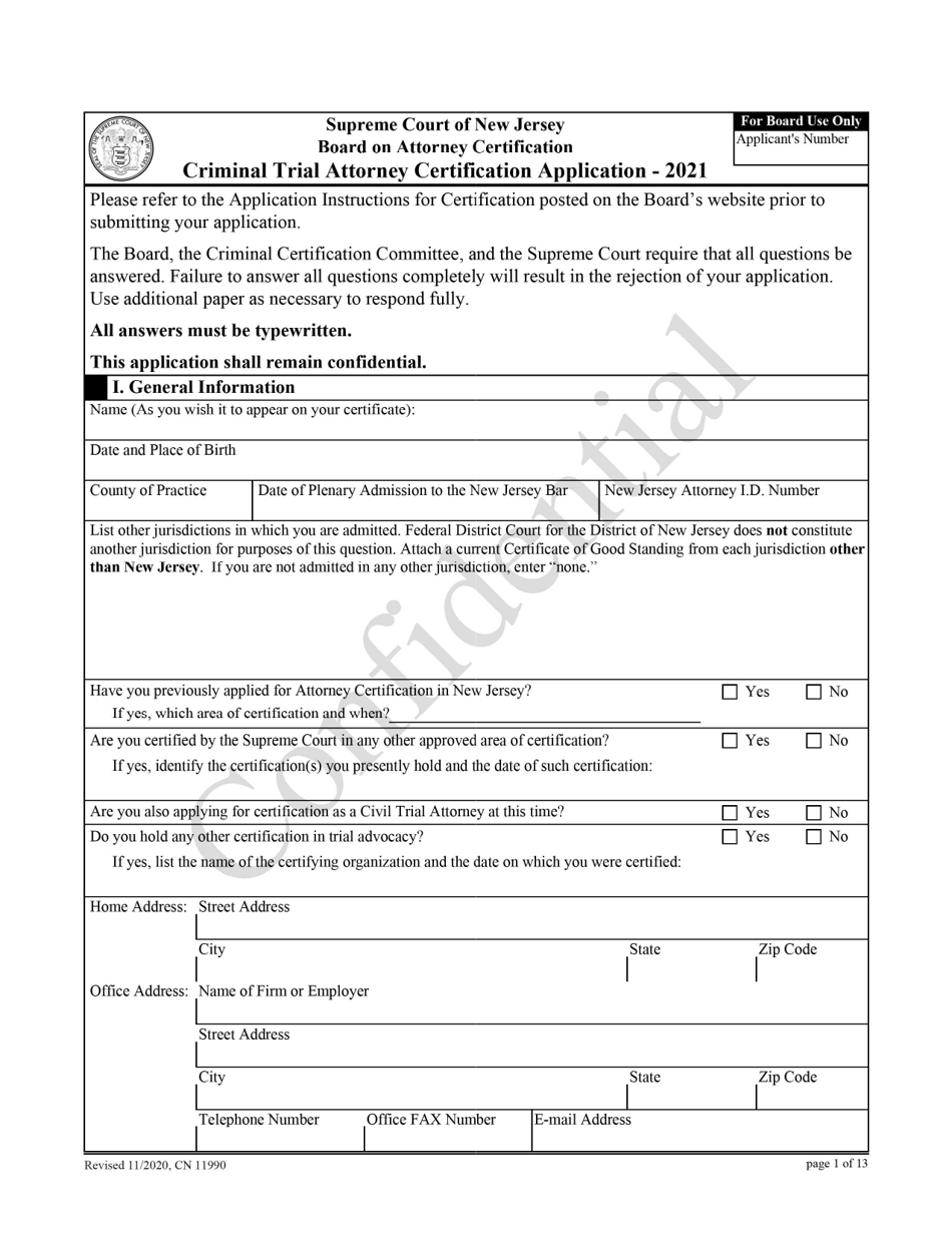 Form 11990 Criminal Trial Attorney Certification Application - New Jersey, Page 1