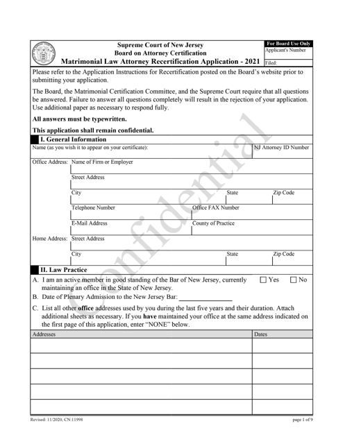 Form 11998 Matrimonial Law Attorney Recertification Application - New Jersey, 2021