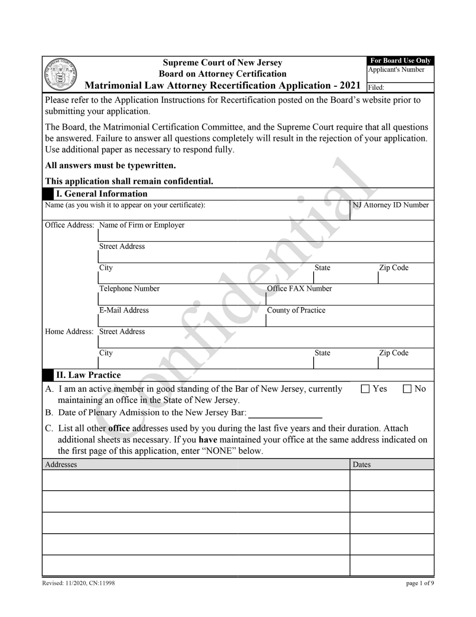 Form 11998 Matrimonial Law Attorney Recertification Application - New Jersey, Page 1