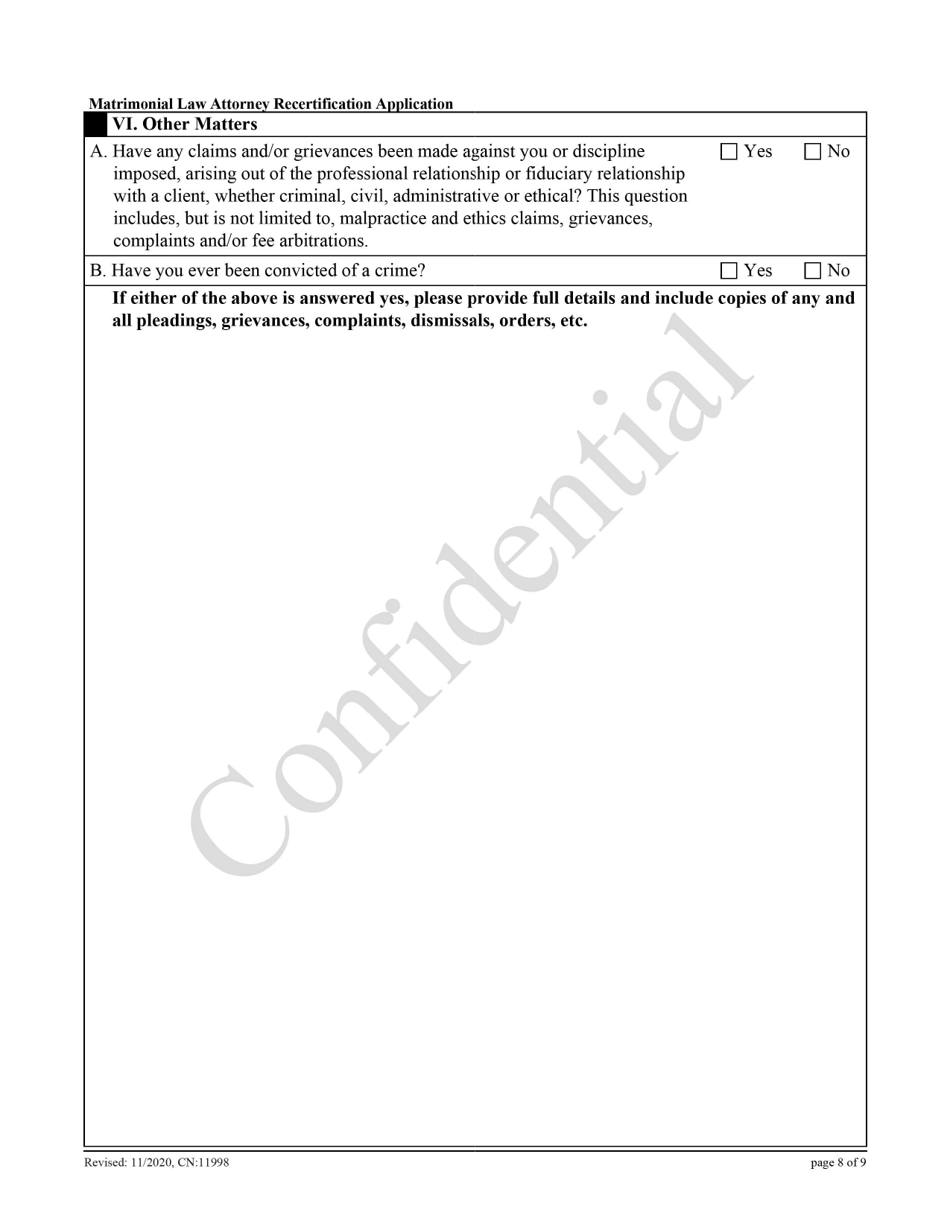 Form 11998 Matrimonial Law Attorney Recertification Application - New Jersey, Page 8