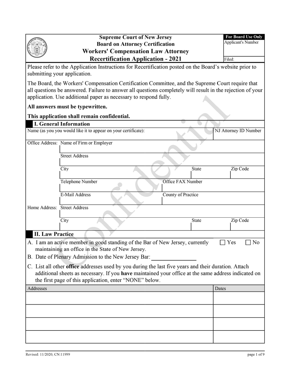 Form 11999 Workers Compensation Law Attorney Recertification Application - New Jersey, Page 1