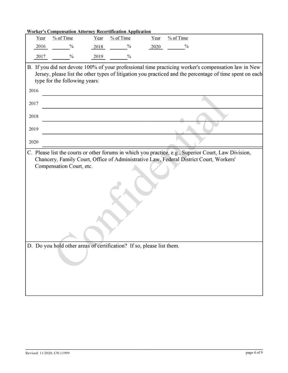Form 11999 Workers Compensation Law Attorney Recertification Application - New Jersey, Page 4