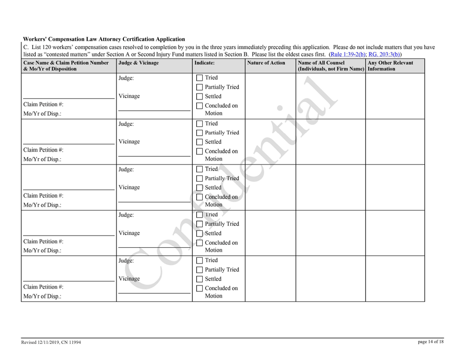 Form 11994 Workers Compensation Law Attorney Certification Application - New Jersey, Page 14