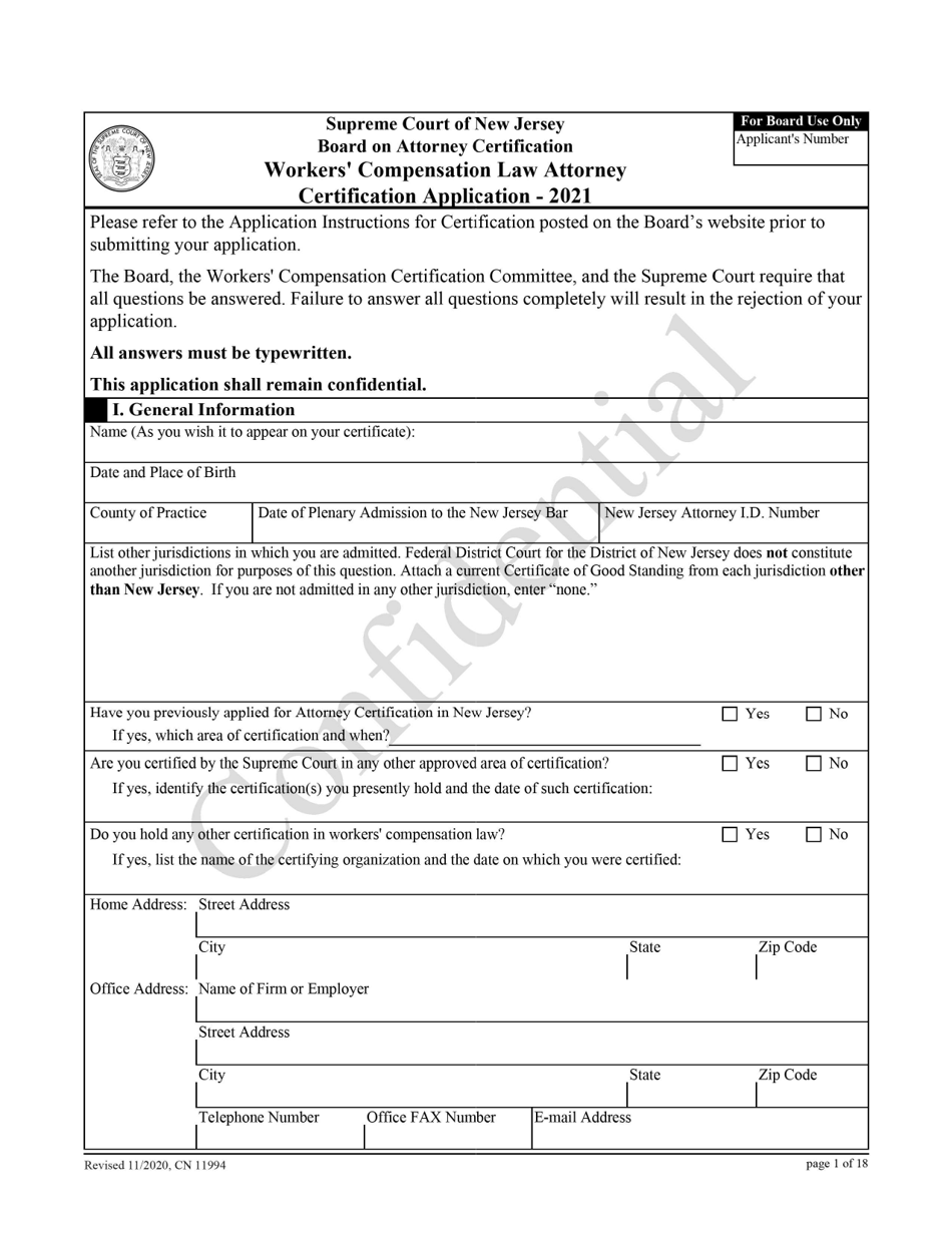 Form 11994 Workers Compensation Law Attorney Certification Application - New Jersey, Page 1