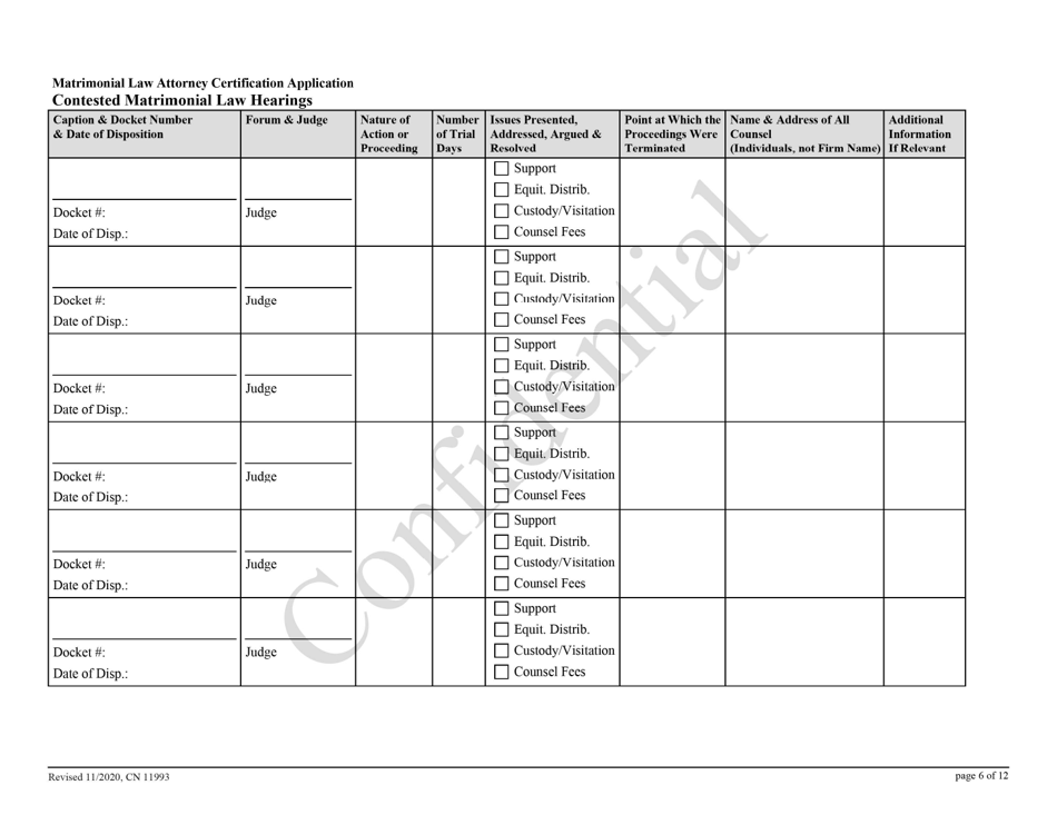Form 11993 Matrimonial Law Attorney Certification Application - New Jersey, Page 6