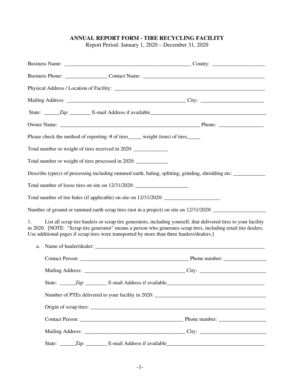 Annual Report Form - Tire Recycling Facility - New Mexico, Page 1