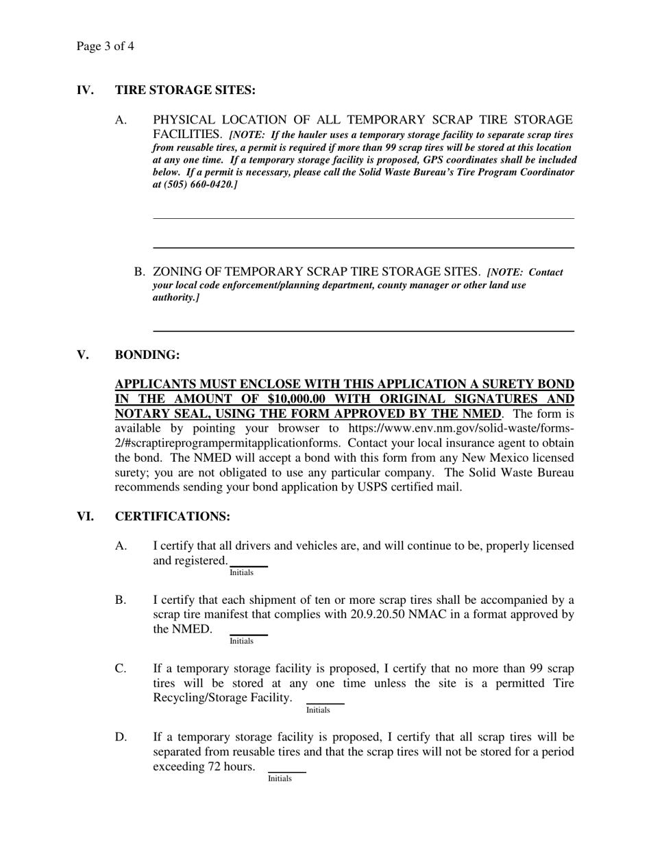 Scrap Tire Hauler Registration Form - New Mexico, Page 3