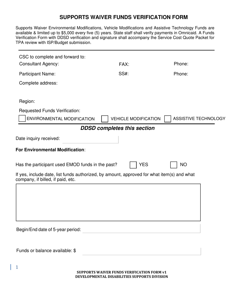 Supports Waiver Funds Verification Form - New Mexico, Page 1
