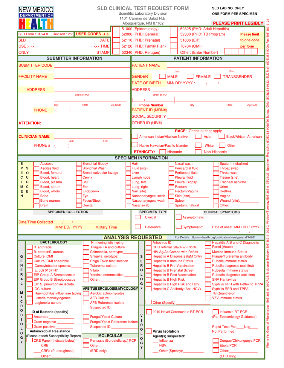SLD Form 101 Sld Clinical Test Request Form - New Mexico, Page 1