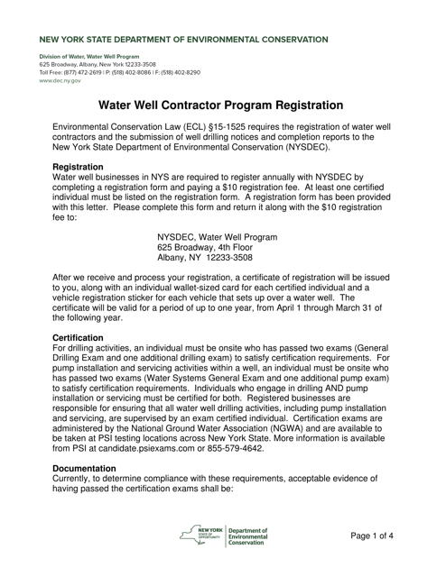 &quot;New York State Water Well Contractor Program Annual Registration Form&quot; - New York Download Pdf