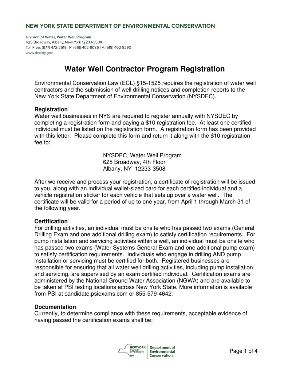 New York State Water Well Contractor Program Annual Registration Form - New York, Page 1