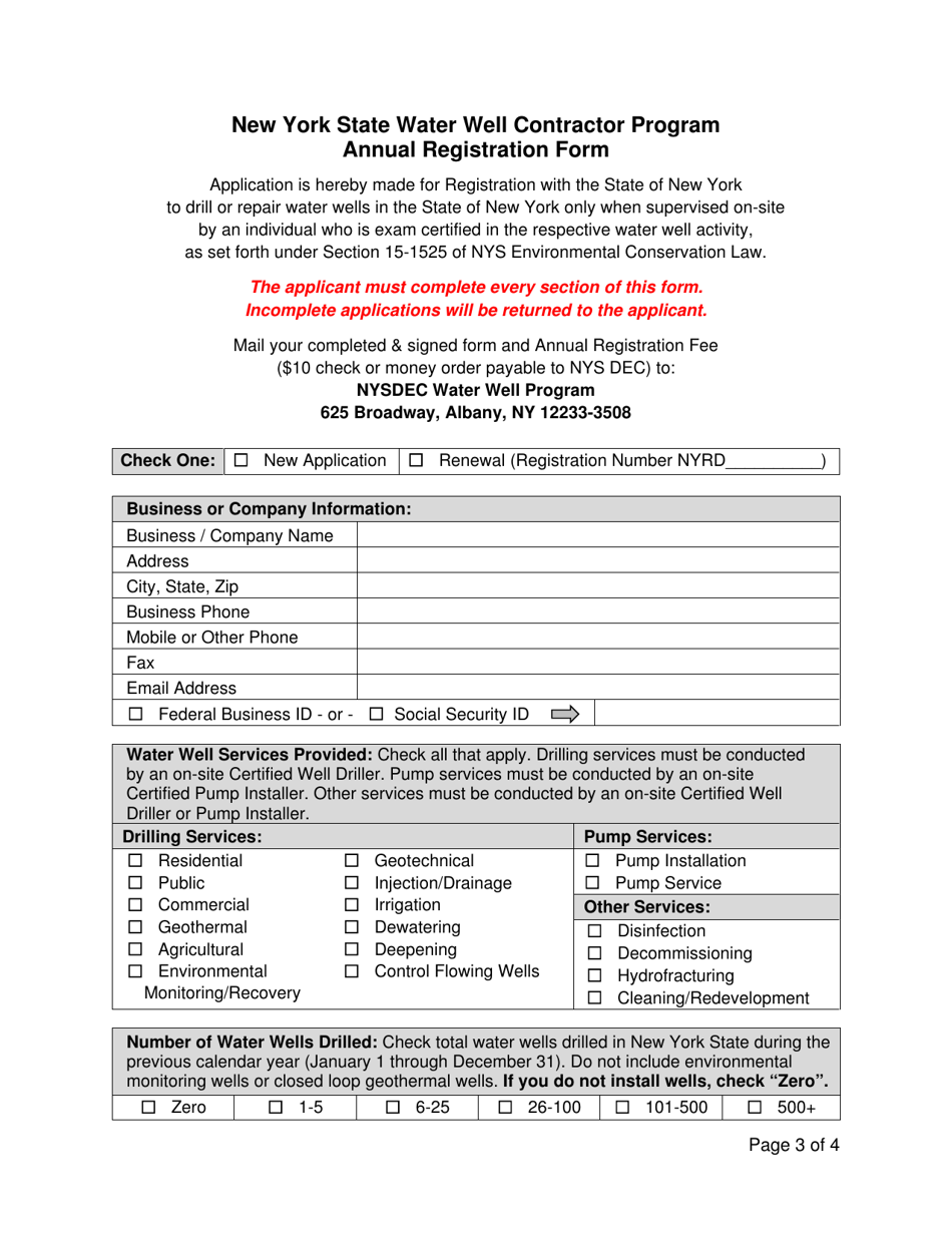 New York State Water Well Contractor Program Annual Registration Form - New York, Page 3
