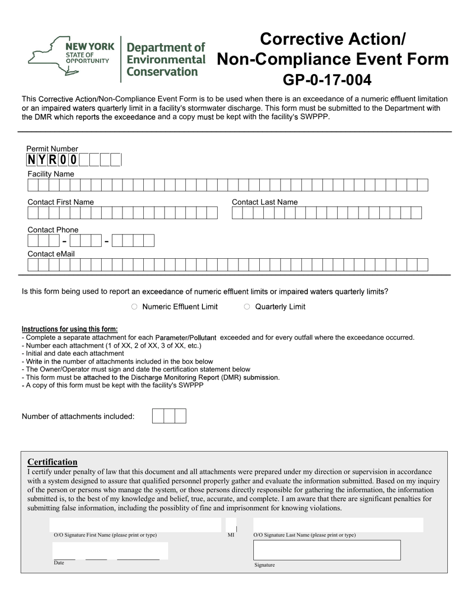 Corrective Action / Non-compliance Event Form - New York, Page 1