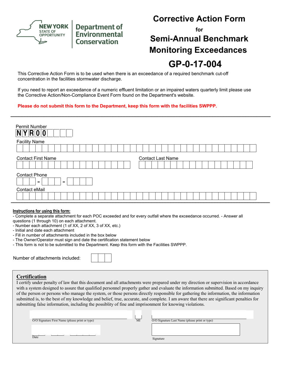 Corrective Action Form for Semi-annual Benchmark Monitoring Exceedances Gp-0-17-004 - New York, Page 1