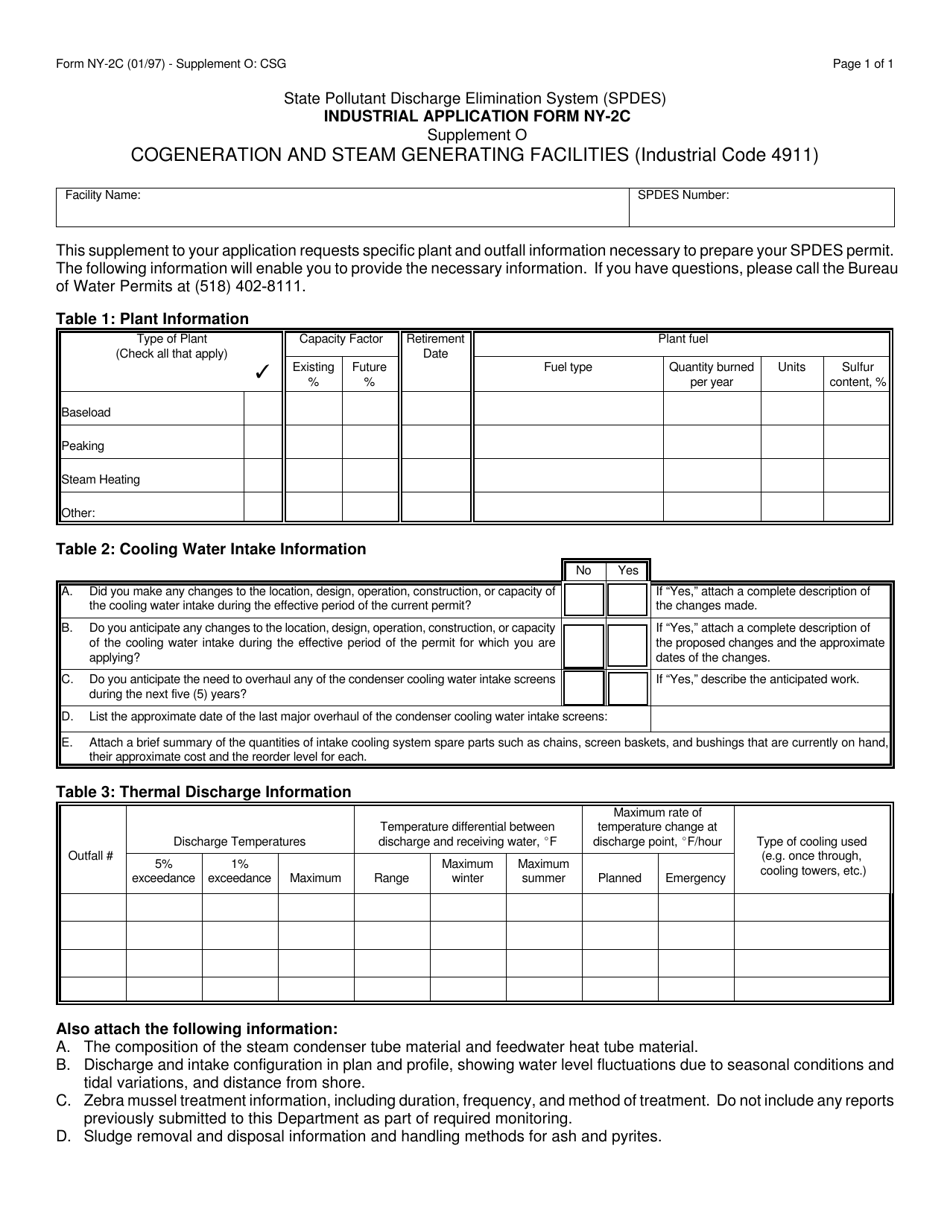 Form NY-2C Supplement O Application Supplement for Cogeneration and Steam Electric Power Generating Industry - New York, Page 1