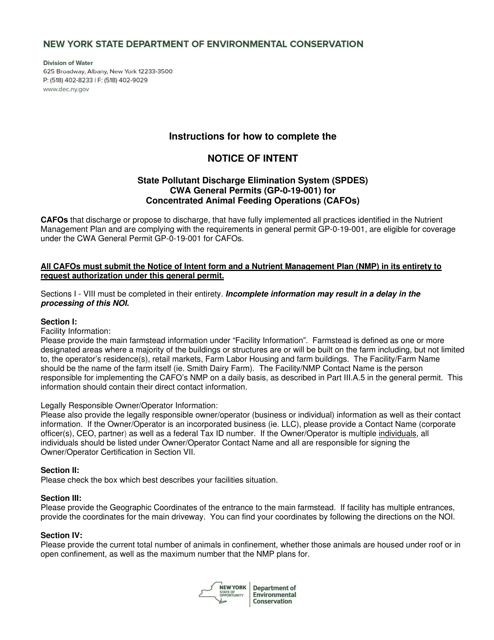 Notice of Intent for State Pollutant Discharge Elimination System (Spdes) Cwa General Permits (Gp-0-19-001) for Concentrated Animal Feeding Operations (Cafos) - New York Download Pdf